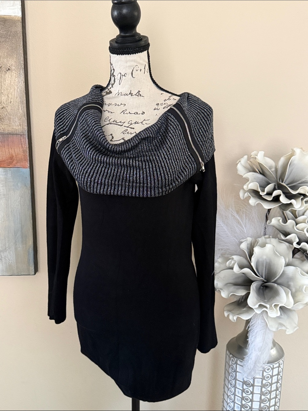 No Boundaries Black Sweater dress with Gray Ribbed Cowl